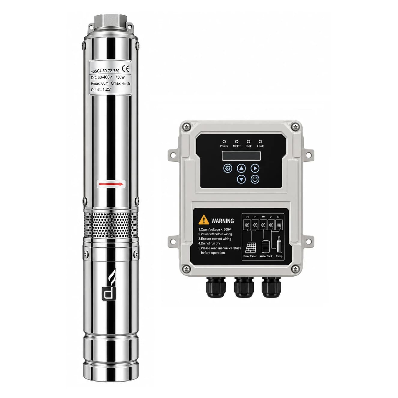 Bomba solar sumergible tipo lapicero DC 1300W 1.75 HP 3" Handuro