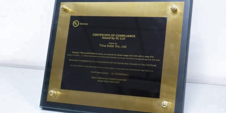 Trina’s 2,000-V solar panel granted UL 61730 certification