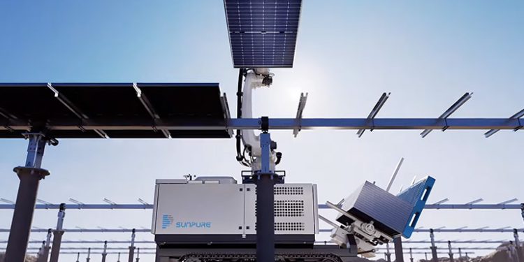 SUNPURE automated module installers compatible with GameChange Solar trackers